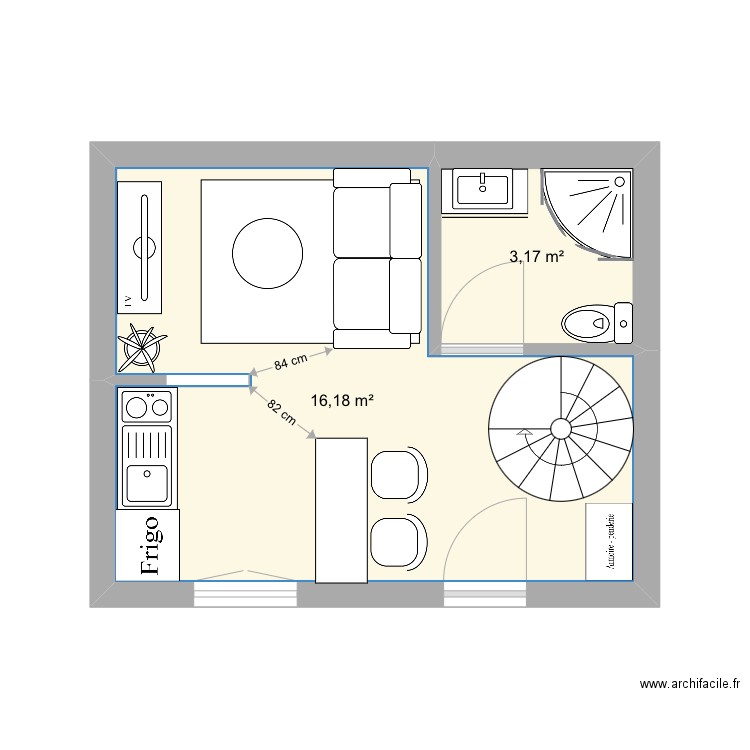 Studio. Plan de 2 pièces et 19 m2