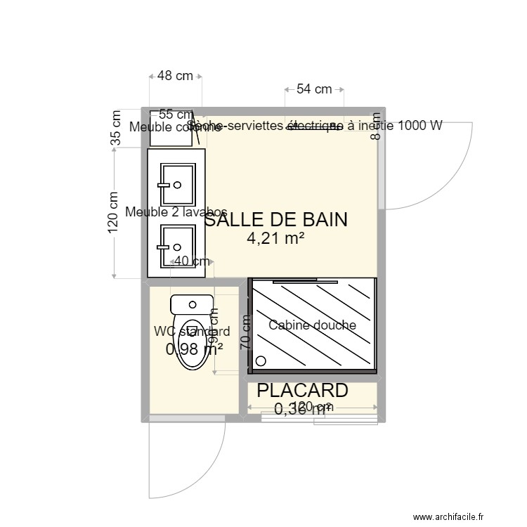 SALLE DE BAIN. Plan de 3 pièces et 6 m2