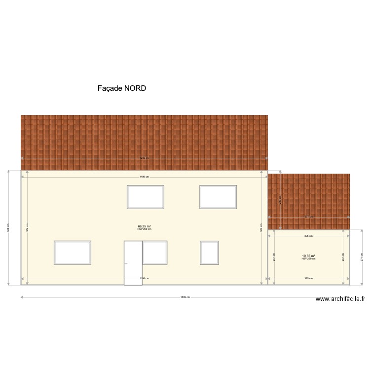 facade SUD. Plan de 2 pièces et 77 m2