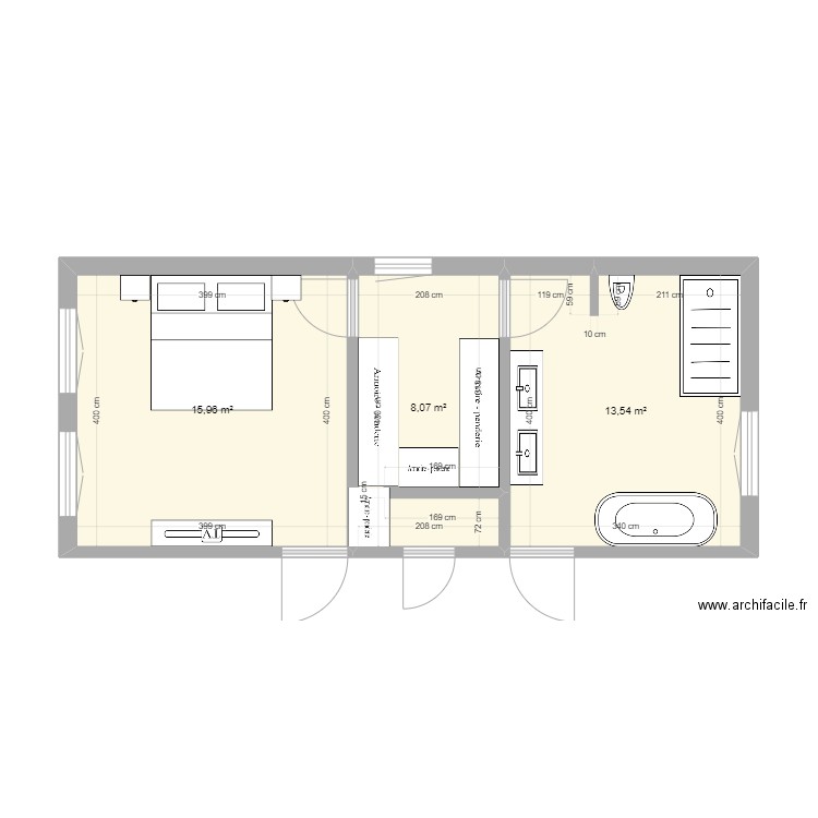 Suite parentale Youri. Plan de 3 pièces et 38 m2