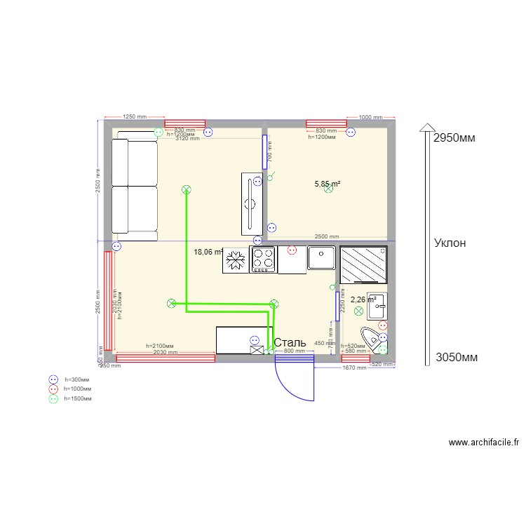  30 611. Plan de 3 pièces et 26 m2