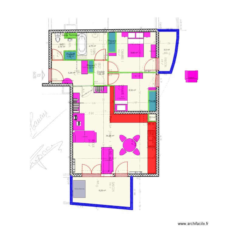 Appartement Victor Hugo 120. Plan de 15 pièces et 83 m2