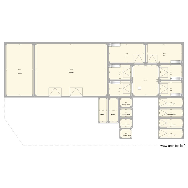 plan hangar temporaire. Plan de 32 pièces et 1126 m2