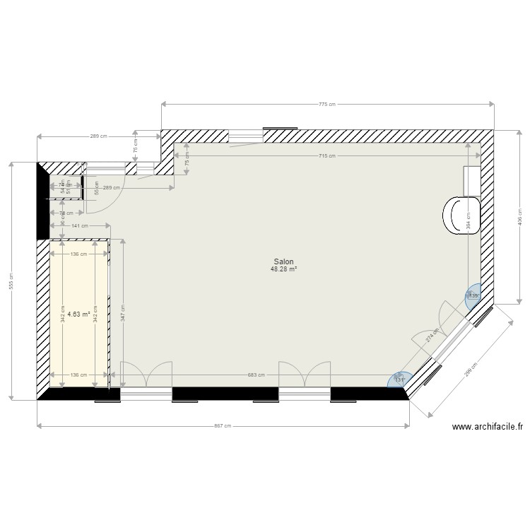 ETOILE salon non meublé. Plan de 2 pièces et 53 m2