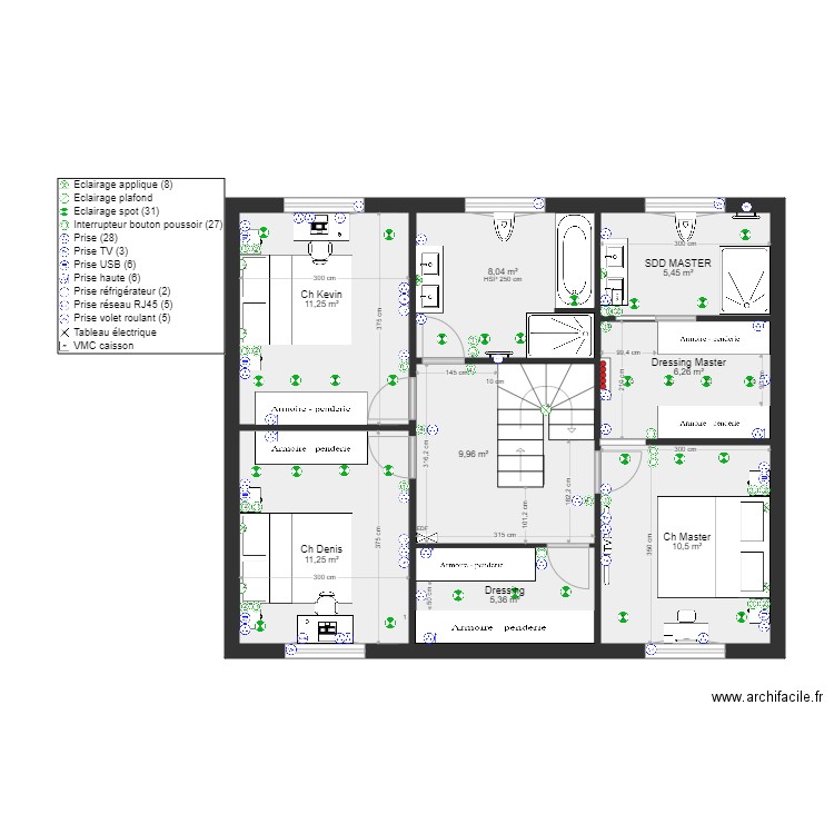 PLAN PROJET ETAGE ST GENEVIEVE ELEC. Plan de 8 pièces et 68 m2