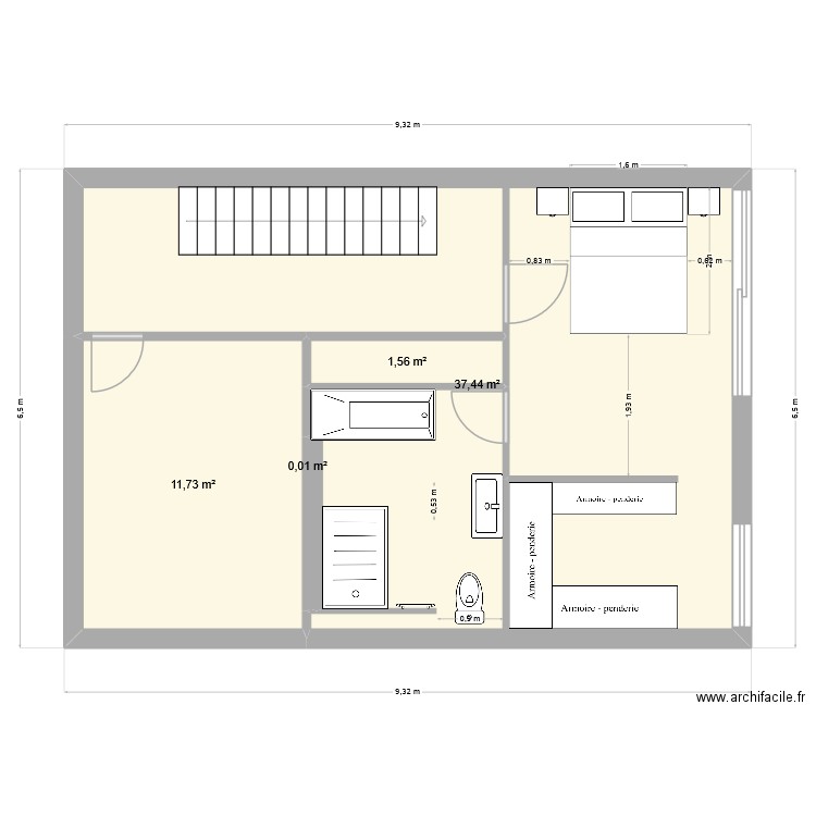 Grande salle de bain et penderie 4. Plan de 5 pièces et 51 m2