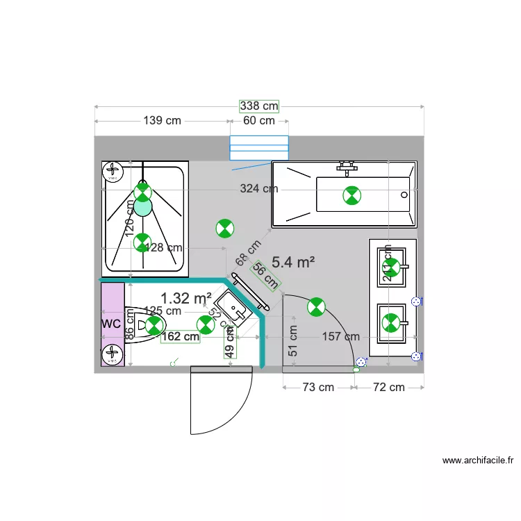 Salle de bain &eacute;tage avec cuvette forty 3. Plan de 