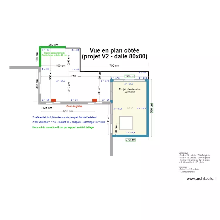 Terrasse et v&eacute;randa V2 (dalle 80x80). Plan de 