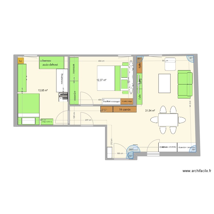 chambre jess. Plan de 3 pièces et 58 m2