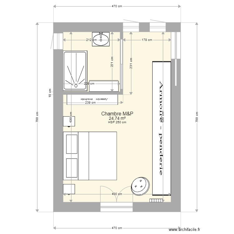 Chambre P/M base 2. Plan de 1 pièce et 25 m2