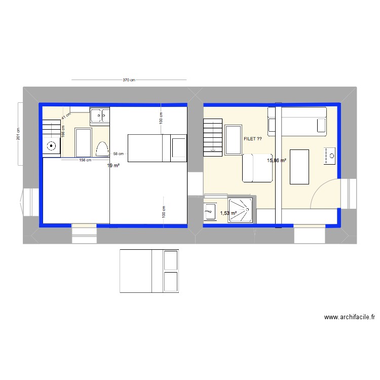 PM N1cuisine avec esc semi héli P Est mezzanine. Plan de 3 pièces et 36 m2