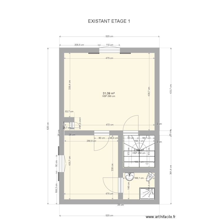 EXISTANT ETAGE 1. Plan de 2 pièces et 34 m2