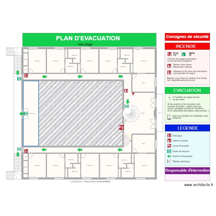 Calvi ETG 1 Plan d'évacuation. Plan de 39 pièces et 431 m2