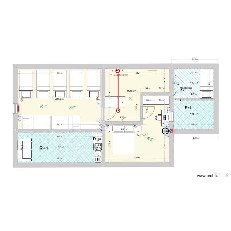 UH1 - Combles - électricité, Télécom et ventilation. Plan de 6 pièces et 70 m2