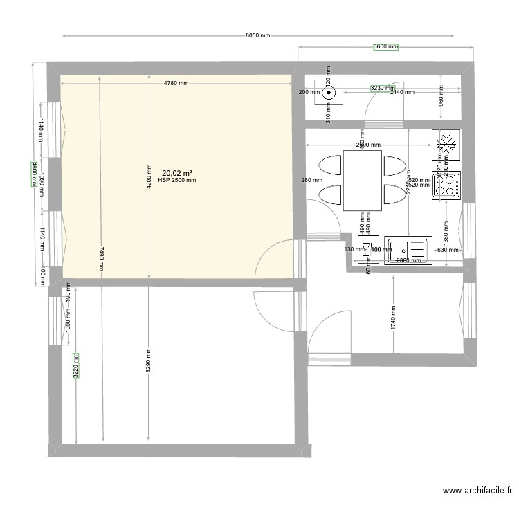 LILLE CUISINE RENO. Plan de 1 pièce et 20 m2