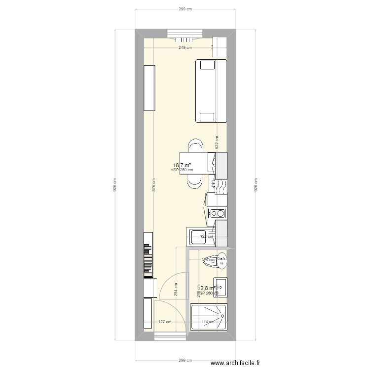 Studio 1b aménagé. Plan de 2 pièces et 22 m2