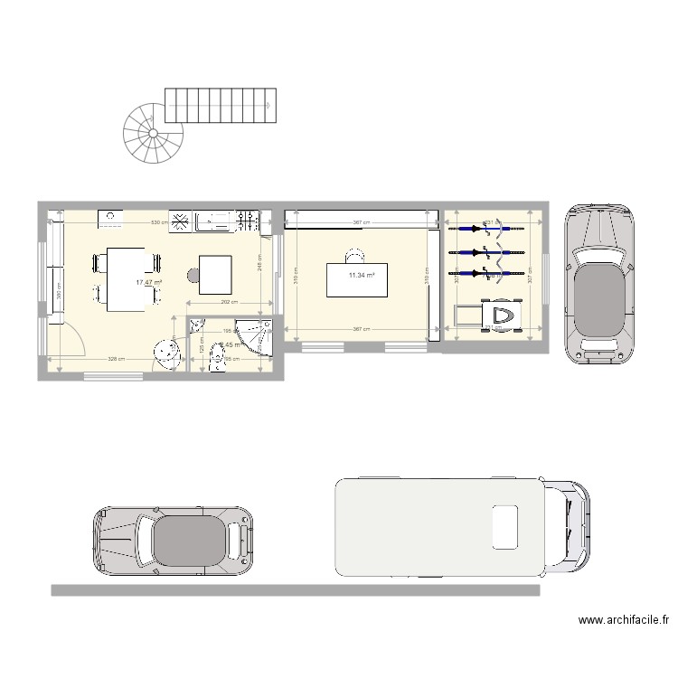 Maison Bleu. Plan de 4 pièces et 38 m2