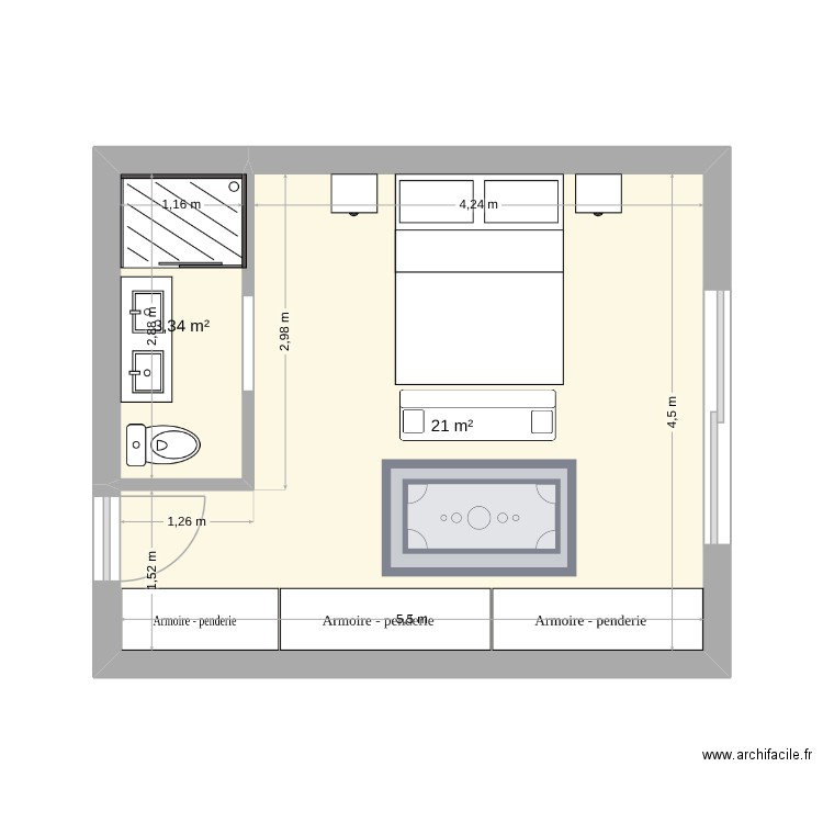 suite p2. Plan de 2 pièces et 24 m2