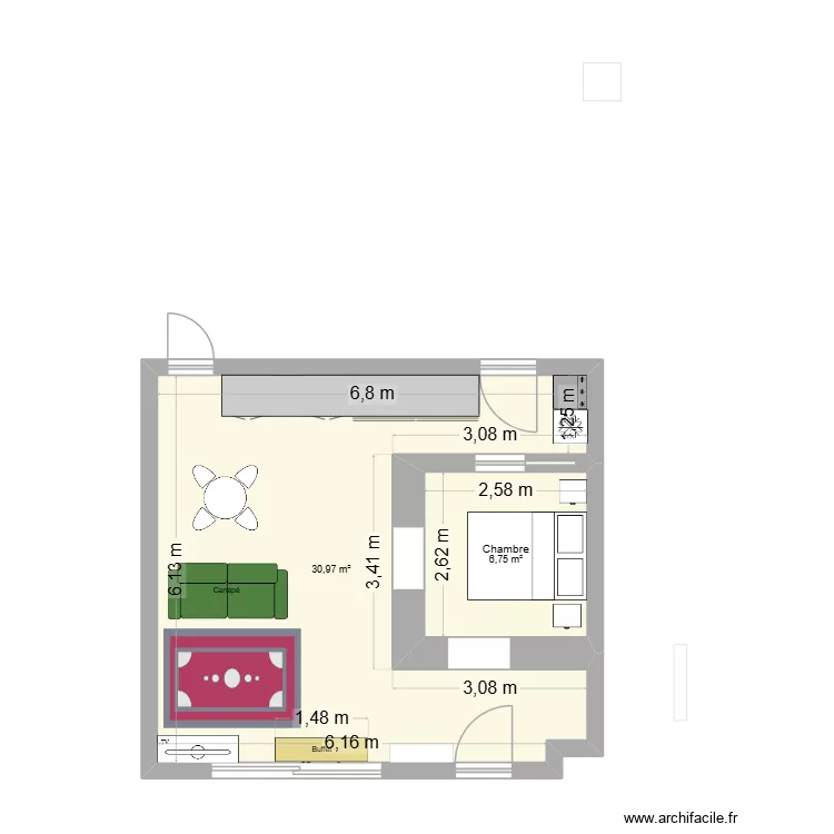 PROJET REAMENAGEMENT F2. Plan de 2 pièces et 38 m²