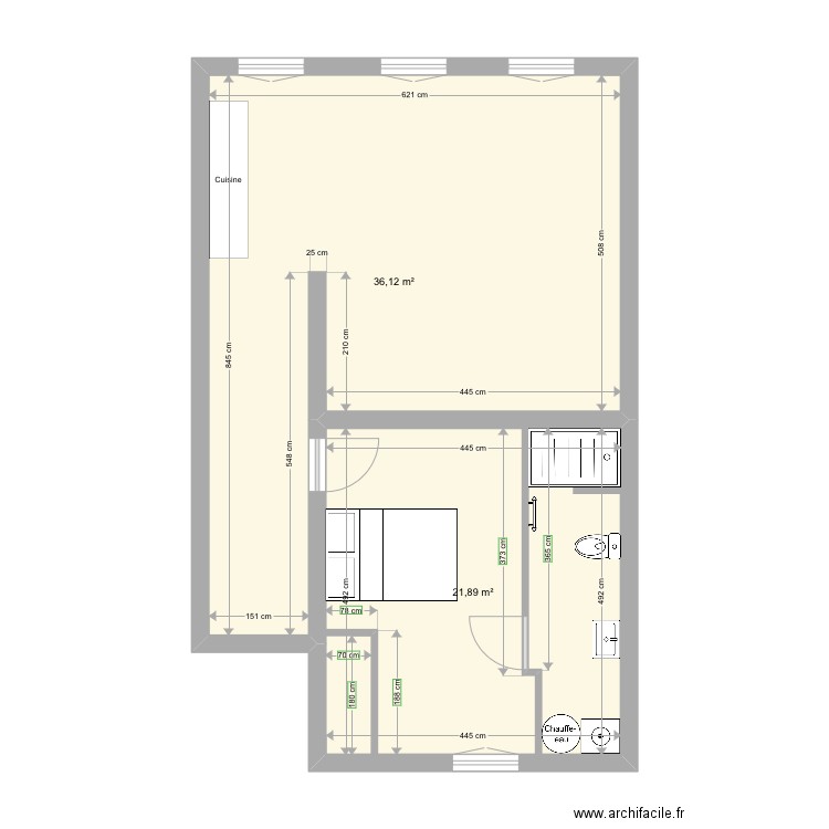 Appartement 2 2eme etage bis. Plan de 2 pièces et 58 m2