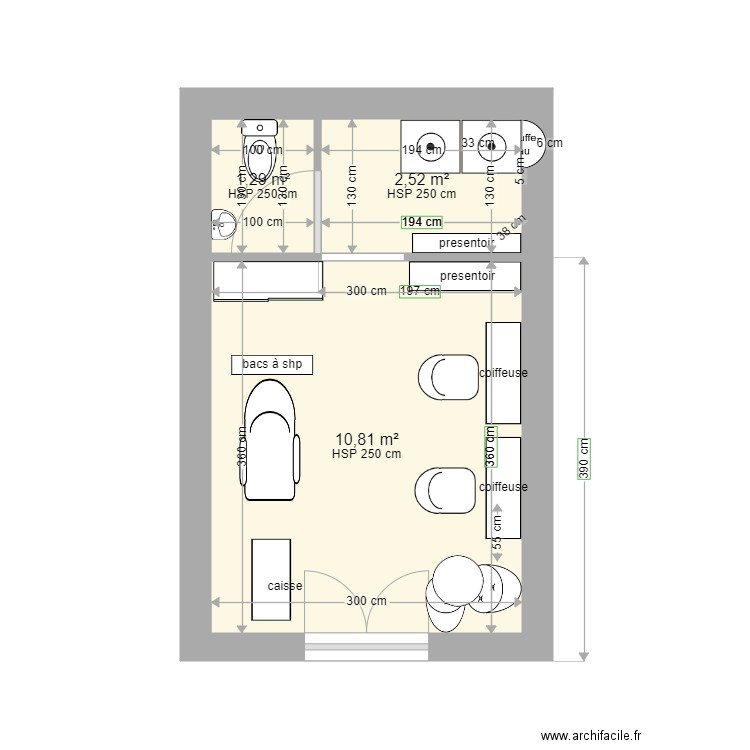 salon coiffure 19m2 1 bac. Plan de 3 pièces et 15 m2