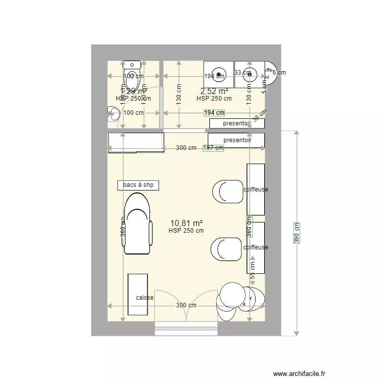 salon coiffure 19m2 1 bac. Plan de 