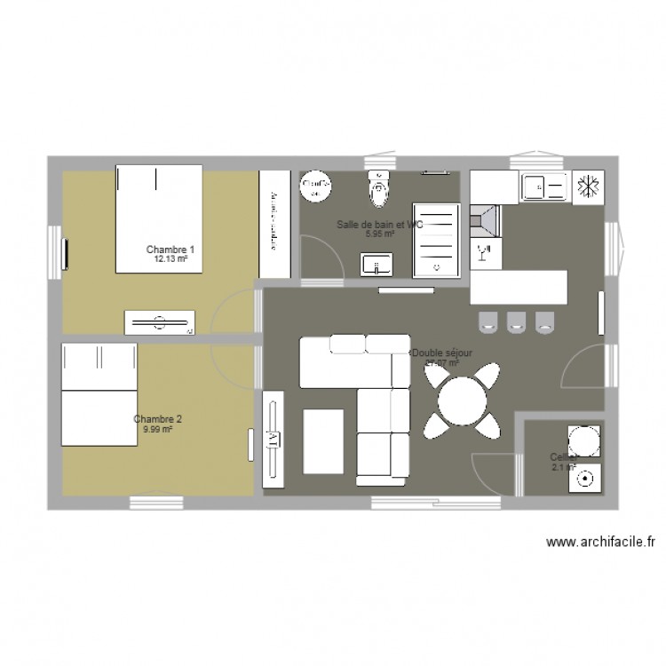 Projet Maison Appartement  60m2  2 Chambres Plan  5 Pieces 57 M2