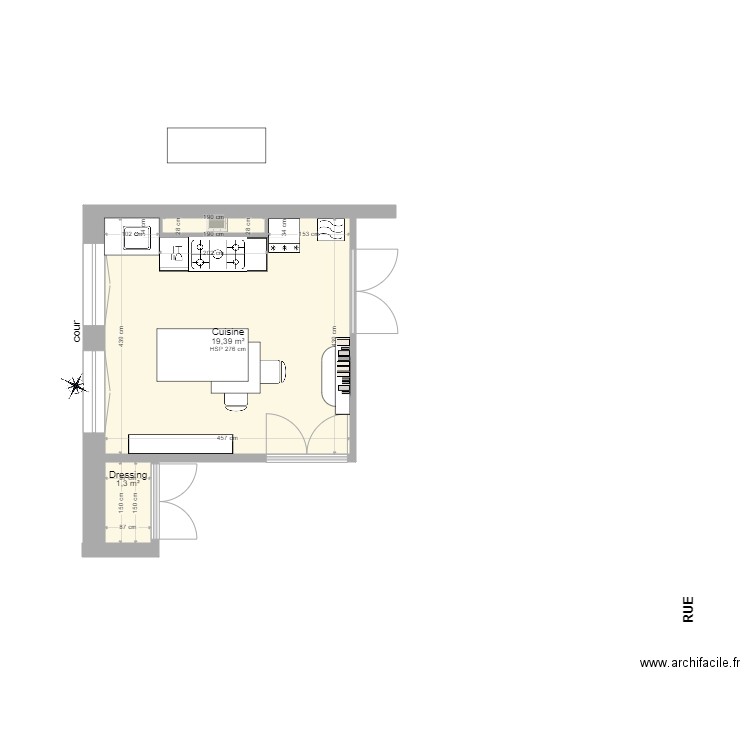 Cuisine etude. Plan de 3 pièces et 21 m2