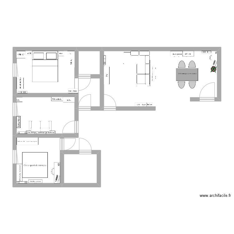 Plan avec meubles. Plan de 5 pièces et 37 m2