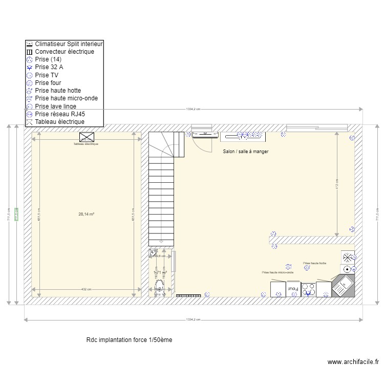 version 3 - Rdc __ implantation prises . Plan de 3 pièces et 80 m2