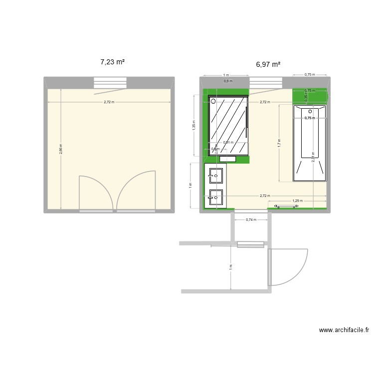 guilbaud. Plan de 2 pièces et 14 m2