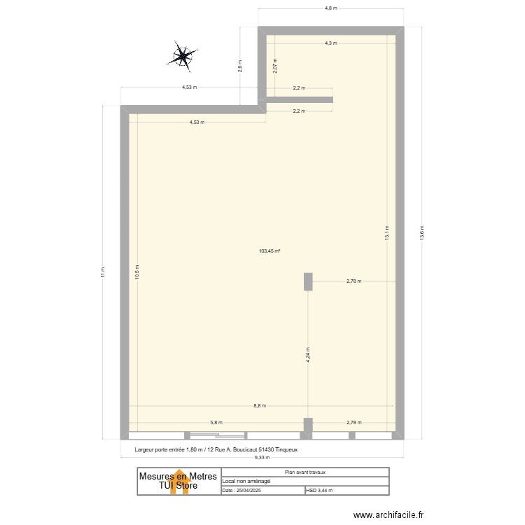 local tinqueux Prise bail. Plan de 1 pièce et 103 m2