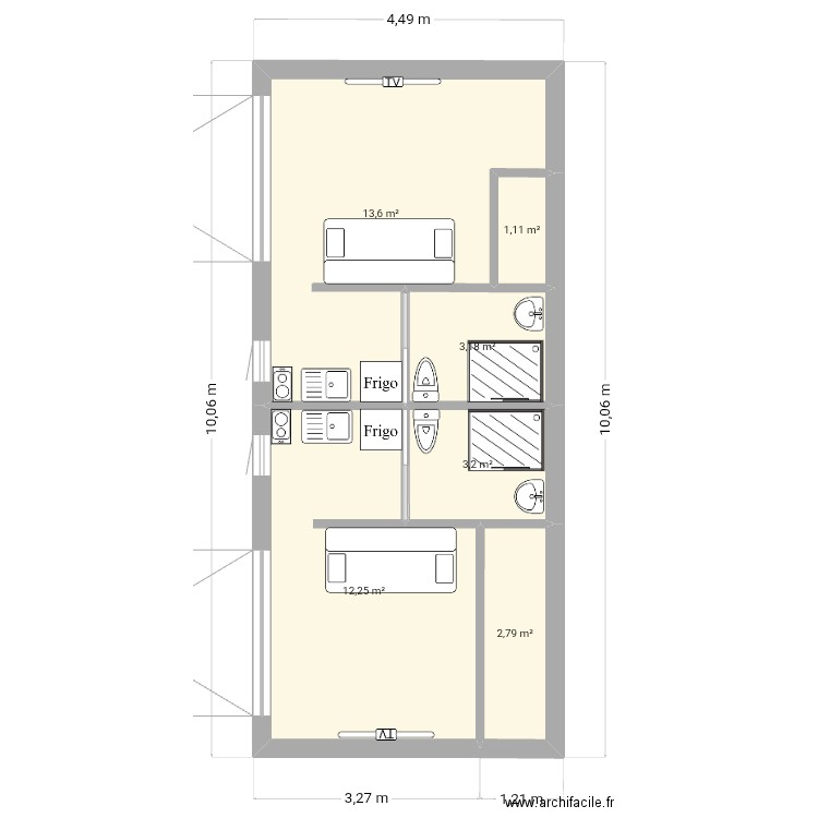 Studio. Plan de 6 pièces et 36 m2