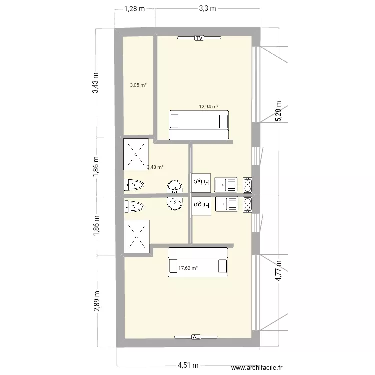 Studio. Plan de 4  et 37 m²
