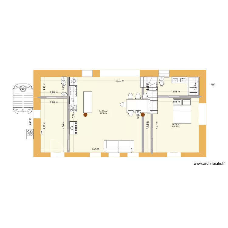 Cr&eacute;meaux 1. Plan de 2 pièces et 66 m²