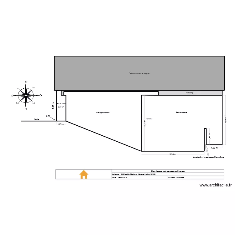 Façade coté garage avant travaux. Plan de 4 et 129 m² Façade coté garage avant travaux. Plan de 4 et 129 m²