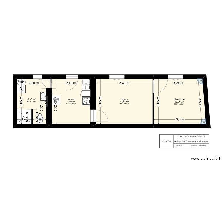 Malesherbe 003 C01. Plan de 4 pièces et 36 m2