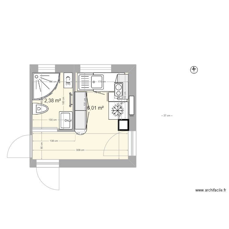 SDB- cuisine 50 Strasbourg ''projet''. Plan de 2 pièces et 8 m2