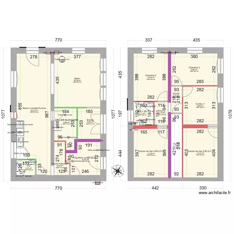 Plan ITI et modif cloison ancienne poste. Plan de 16  et 127 m²