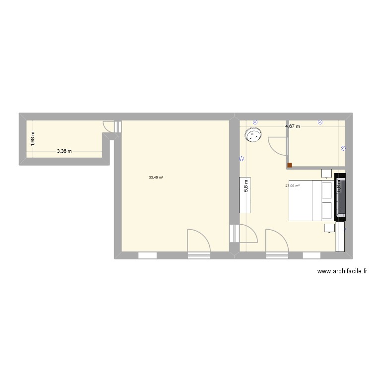 love room. Plan de 2 pièces et 61 m2