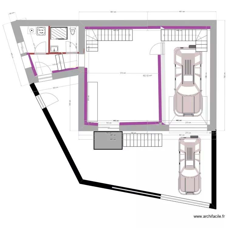 Escalier cave avec balcon et deux escalier int&eacute;rieurs. Plan de 