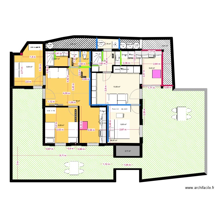 rdc gîtes cuisine sud, WC + salle d'eau dans salon et chambre cafucciu. Plan de 18 pièces et 184 m2