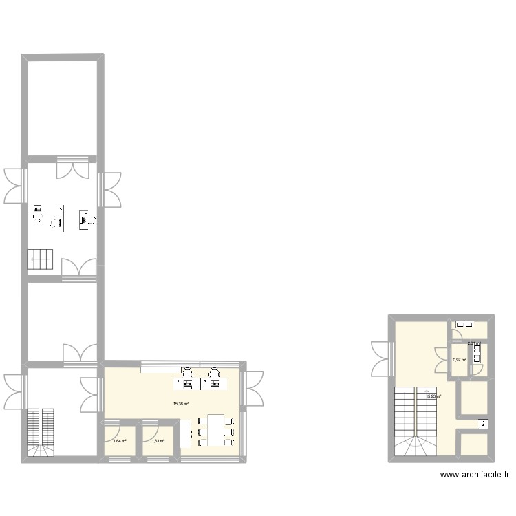 chef d'oeuvre. Plan de 6 pièces et 38 m2