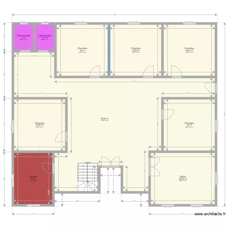Plan de fondation d\'une maison de 7 pi&eacute;ces. Plan de 10  et 197 m²