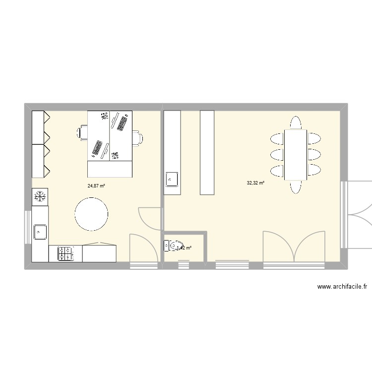 salle d\'accueil et bureau. Plan de 3 pièces et 59 m2