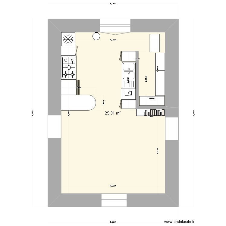 cuisine. Plan de 1 pièce et 25 m2