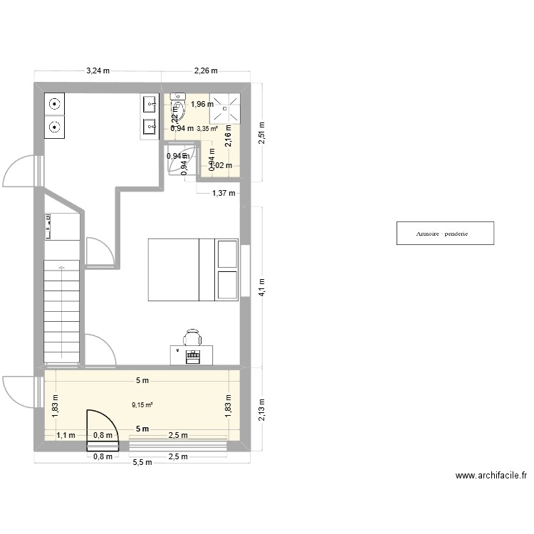 CHAMBRE MAISON 1. Plan de 2 pièces et 13 m2