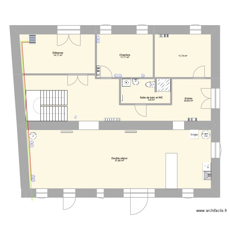 Rdc. Plan de 6 pièces et 128 m2