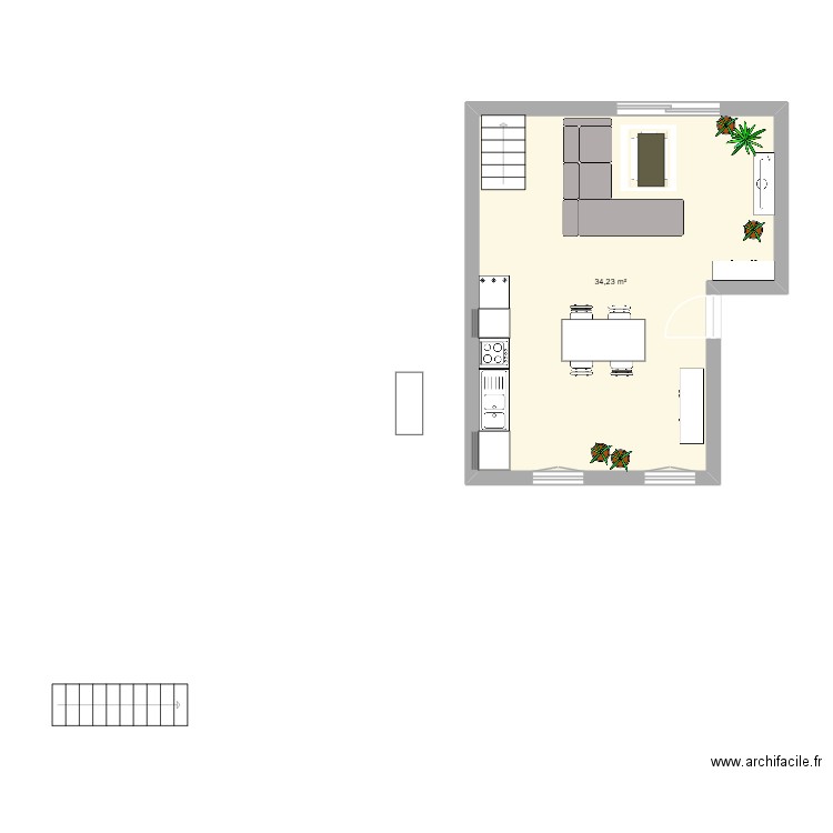 Salon sàm. Plan de 1 pièce et 34 m2