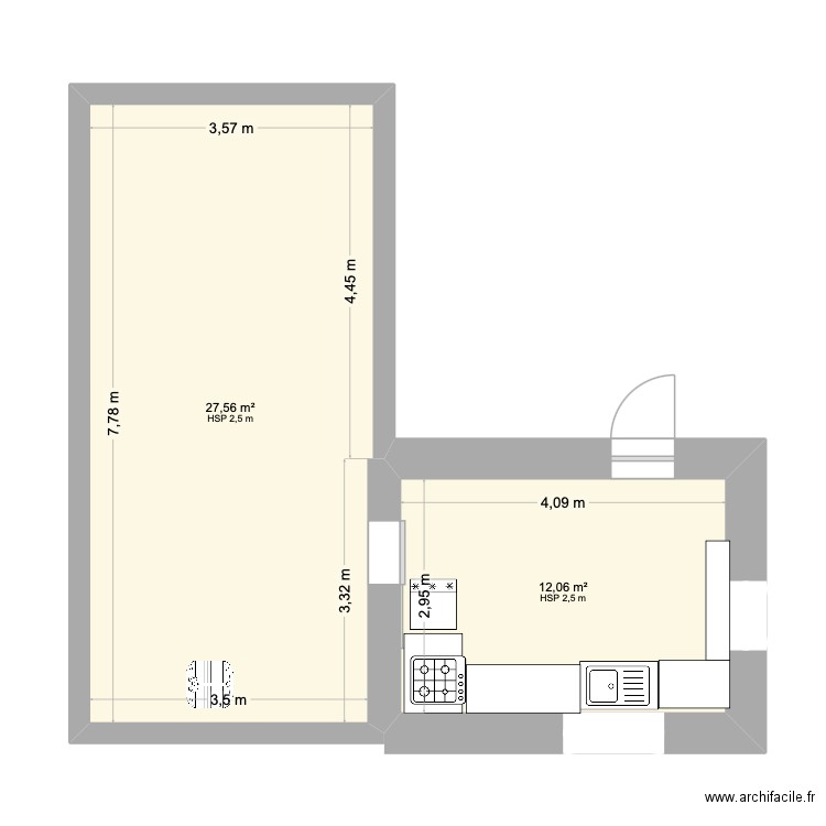 CUISINE RESERVE 2025. Plan de 2 pièces et 40 m2